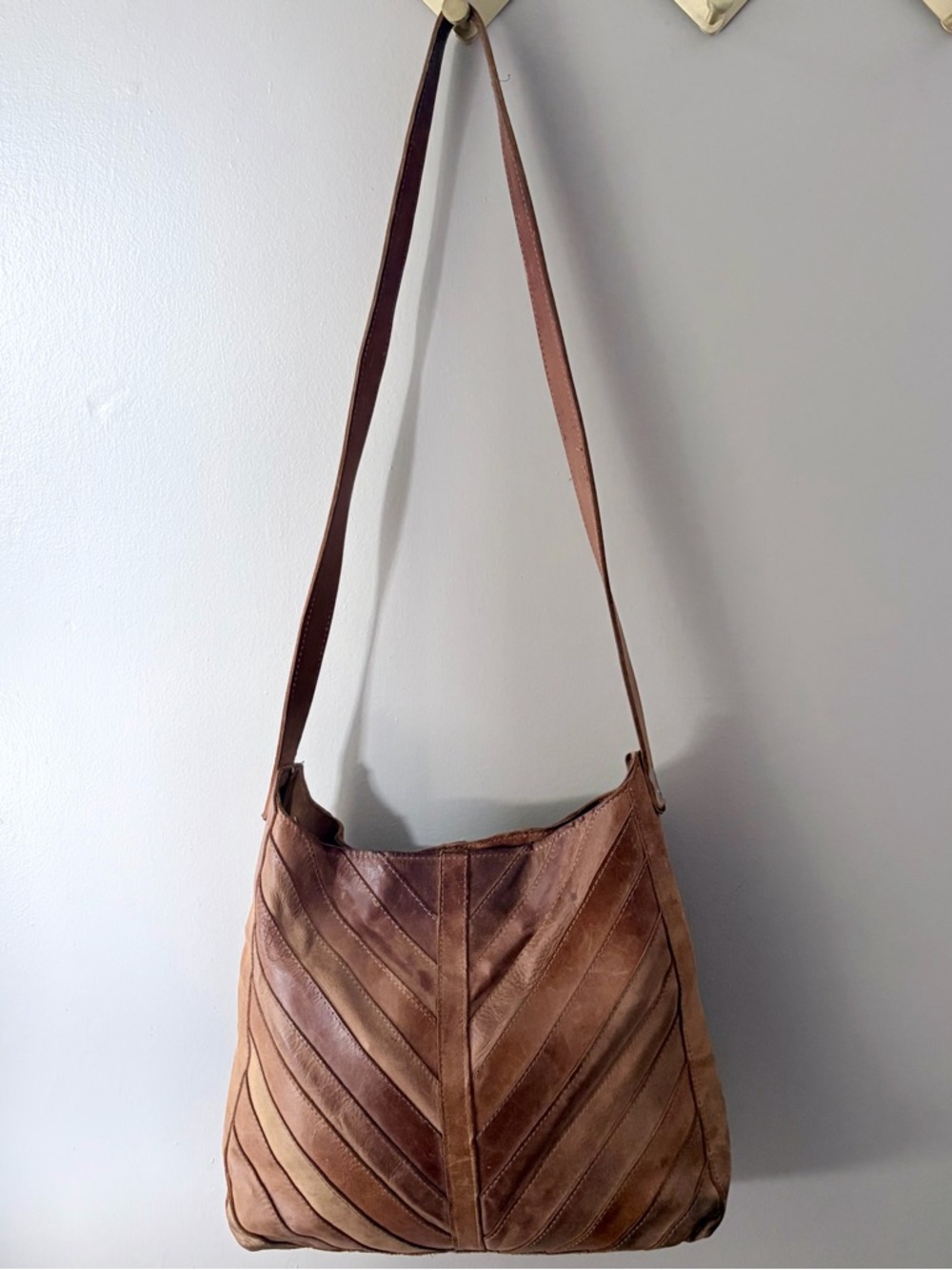 Boho Patchwork Leather Slouchy Hobo Bag - Hand-Stitched Cognac Raven + Lily